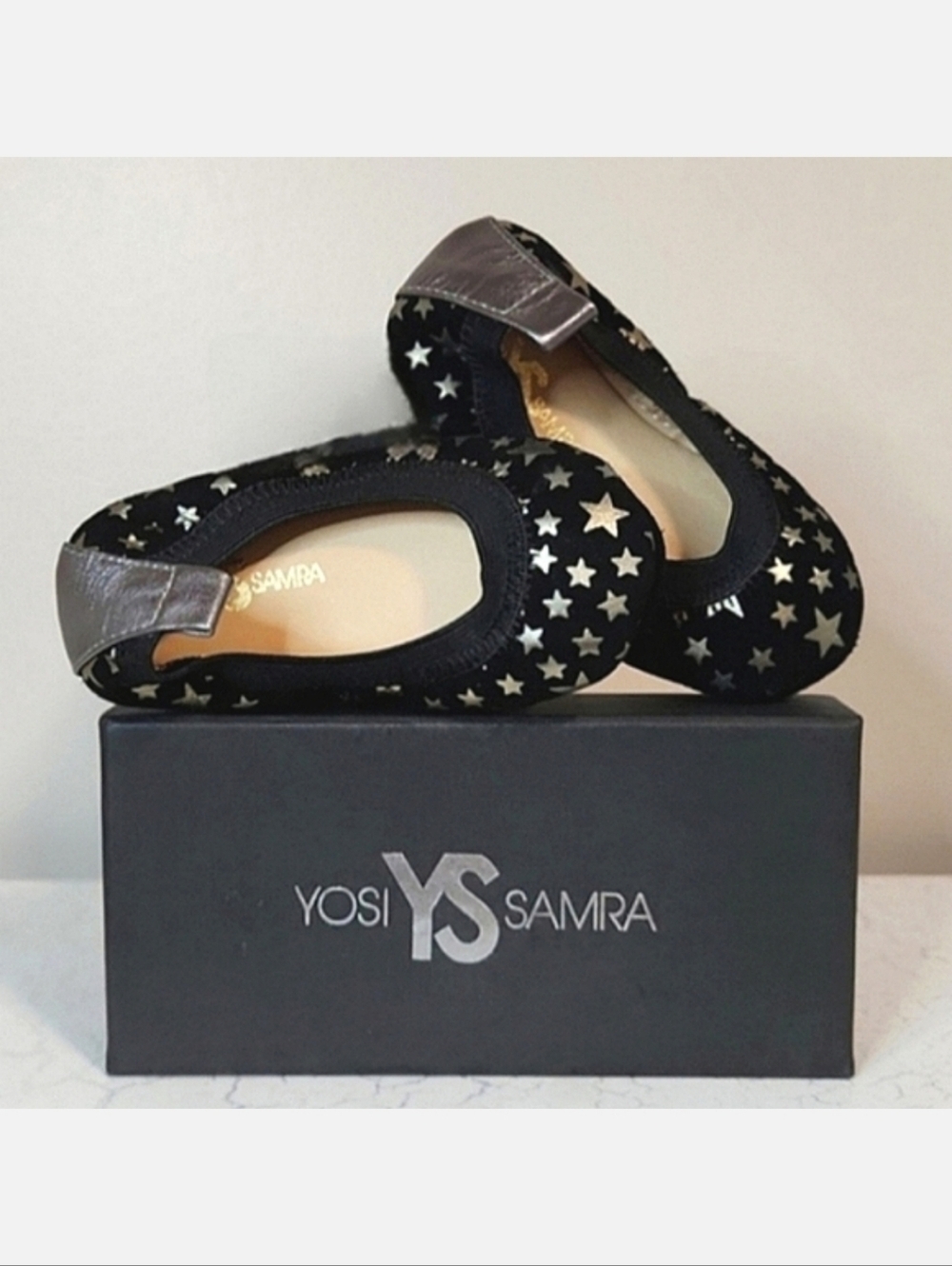 Yosi Samra Black W/ Gold Stars Toddler Girl Ballet Flats, Size 5/6C ~ NWT